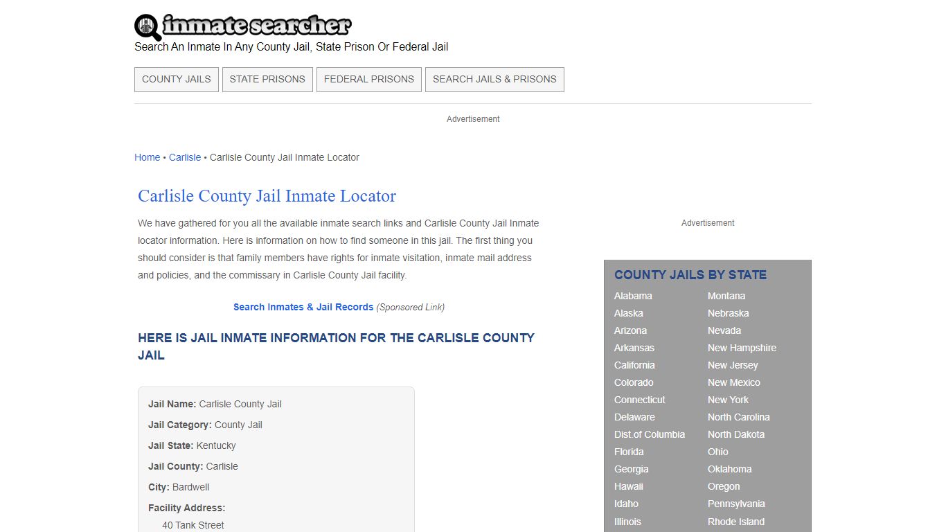 Carlisle County Jail Inmate Locator - Inmate Searcher